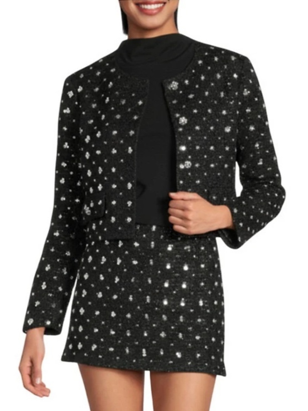 Gianni Bini Black Tweed Cropped Jacket with Silver Sparkle